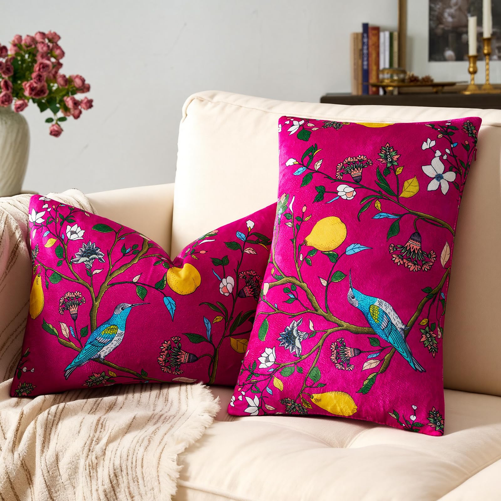 Mustard Yellow Velvet Throw Pillow Covers 20x20 Pack of 2, Vintage Floral Pillow Covers, Mid Century Flower Plant Cushion Covers for Sofa Living Room Home Decor