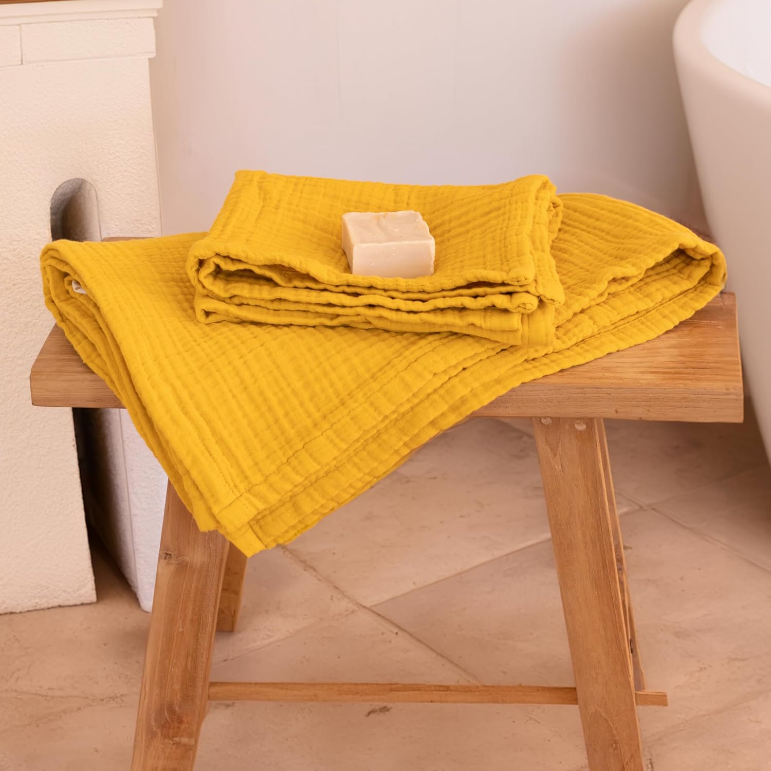 Ultra Soft Muslin Towel Adult Set, 100% Turkish Cotton 4-Layer 2 Pieces Luxury Muslin Hand & Bath Towels Sets for Bathroom (Mustard, 1 Bath & 1 Hand Towel Set)