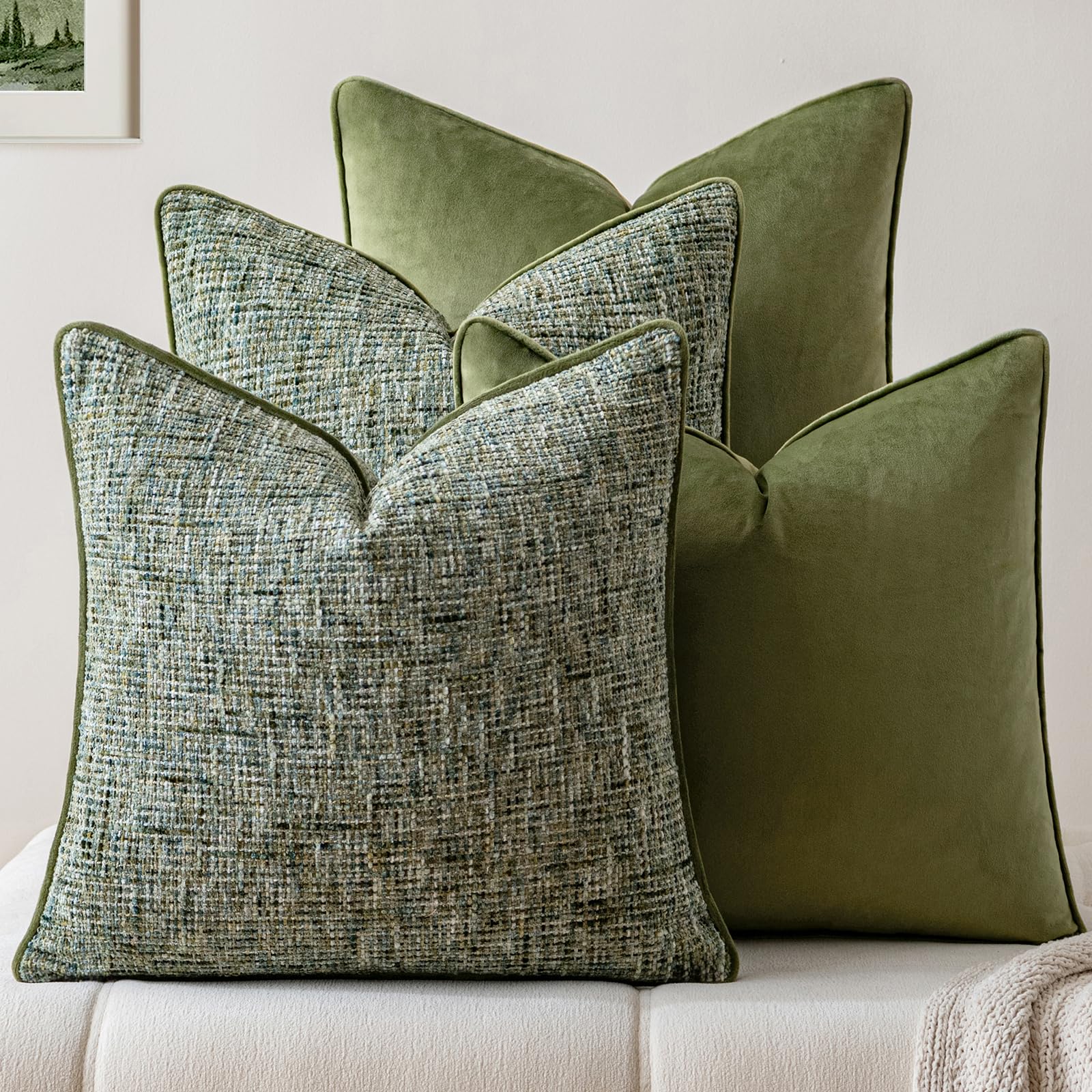 a moment Khaki 4 Pack Throw Pillow Covers - Chenille & Velvet Set with Piping, Farmhouse Textured Design Cushion Cases for Couch Sofa Bed (20x20 Inch, No Insert)