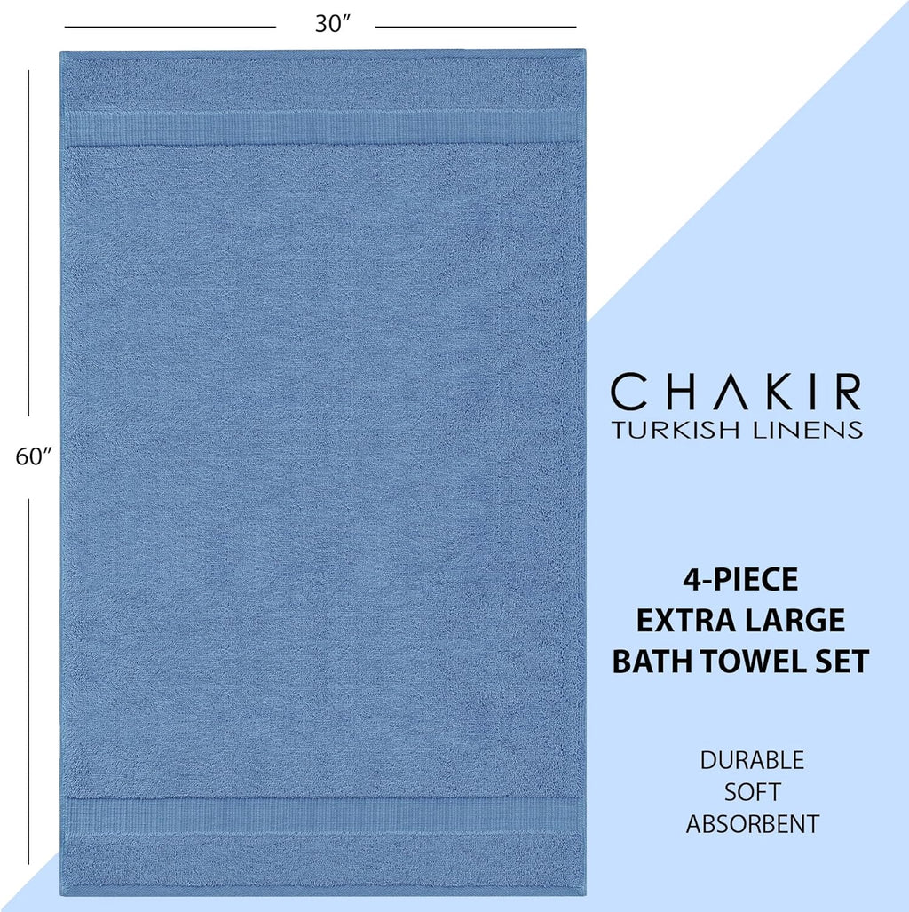 Chakir Turkish Linens 4 Piece Extra Large Bath Towels, 100% Cotton Luxury Turkish Towels for Bathroom, Soft Absorbent Bath Towels, 30 x 60 Inches, Wedgewood