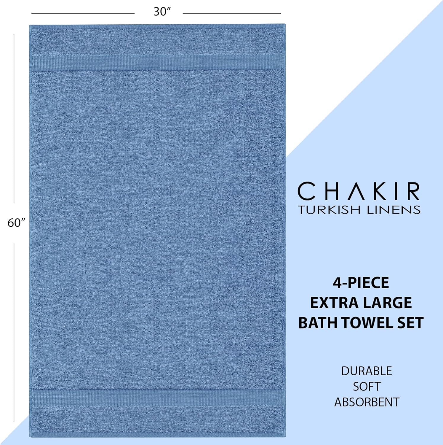 Chakir Turkish Linens 4 Piece Extra Large Bath Towels, 100% Cotton Luxury Turkish Towels for Bathroom, Soft Absorbent Bath Towels, 30 x 60 Inches, Wedgewood
