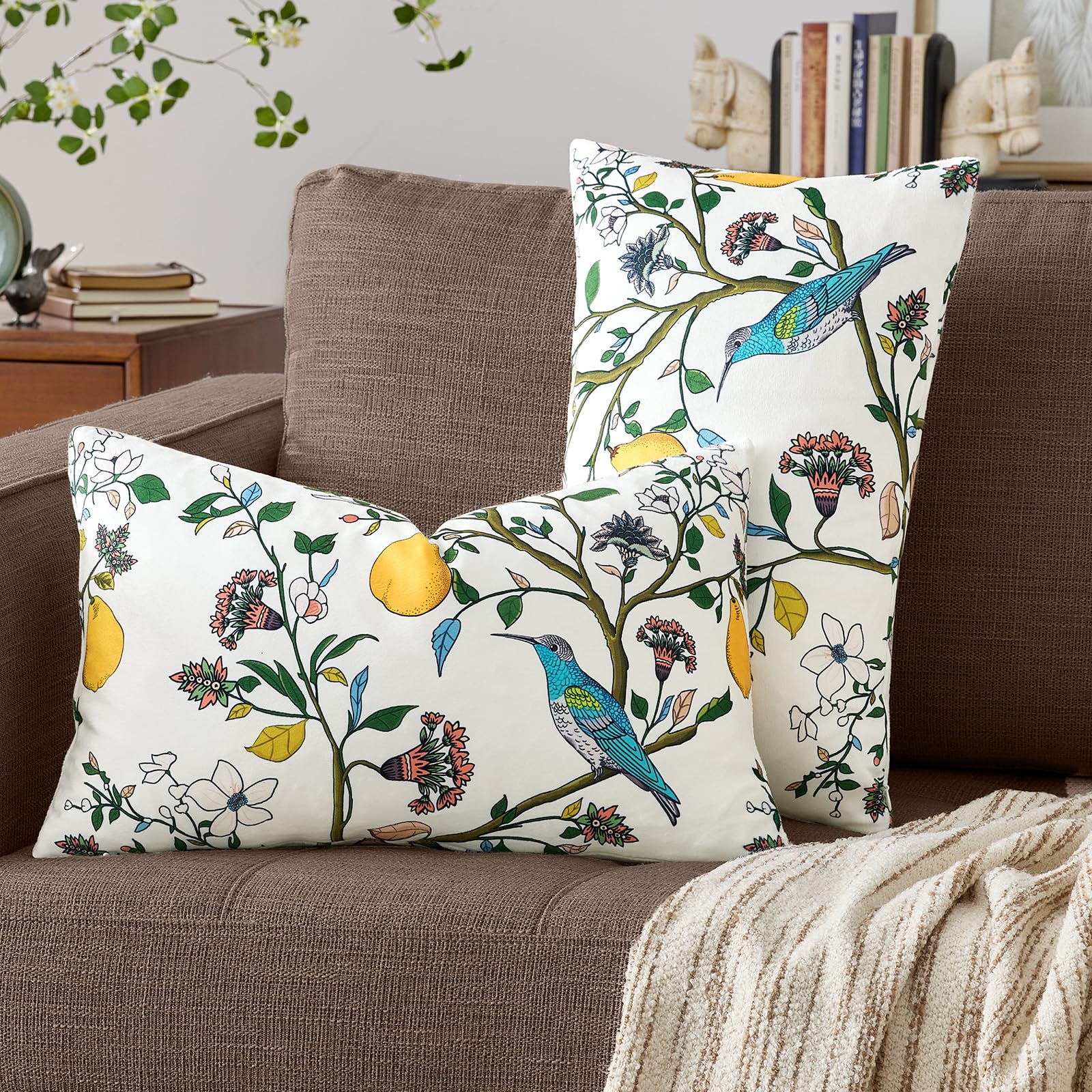 Mustard Yellow Velvet Throw Pillow Covers 20x20 Pack of 2, Vintage Floral Pillow Covers, Mid Century Flower Plant Cushion Covers for Sofa Living Room Home Decor