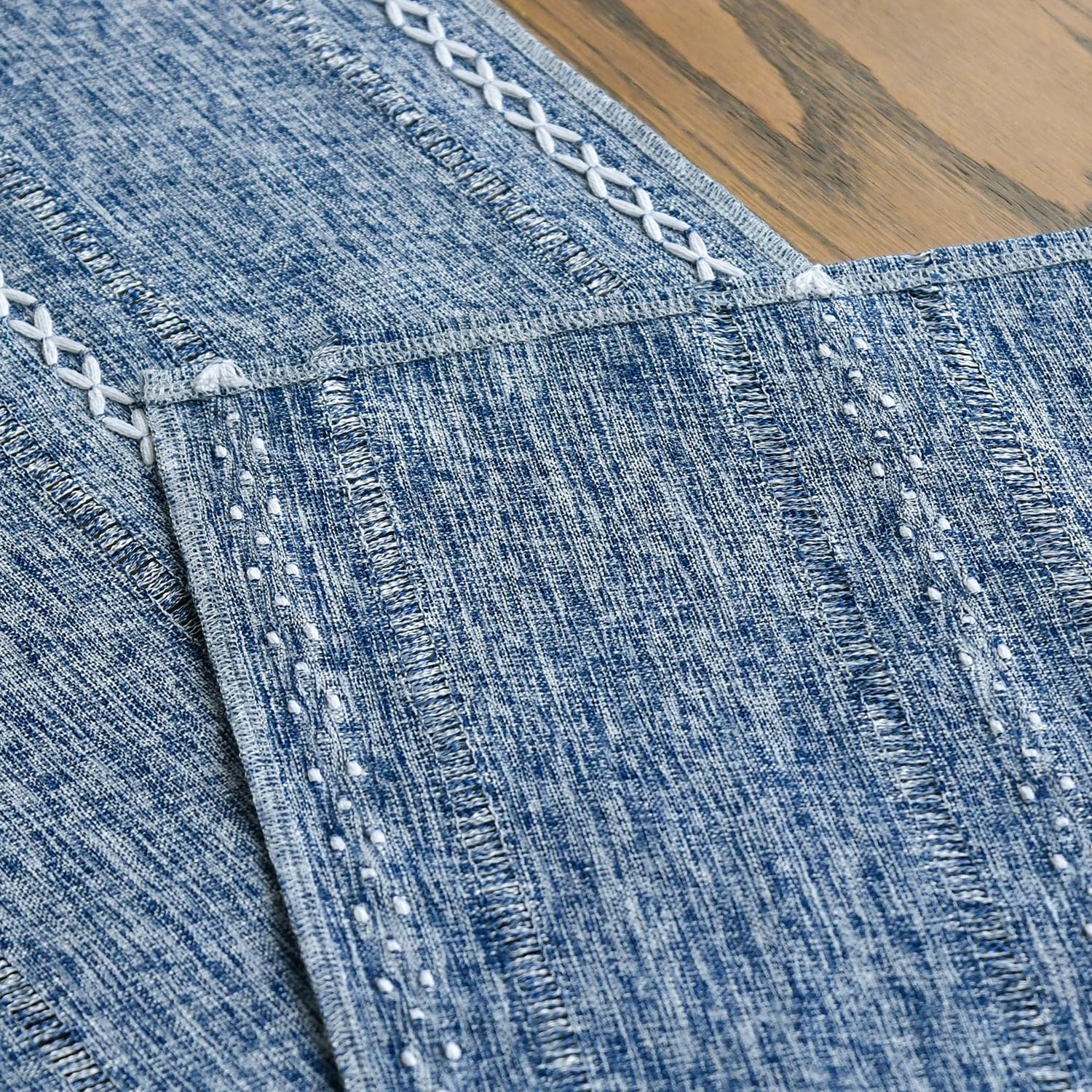 Artoid Mode Blue Rustic Cotton Linen Table Runner, Seasonal Embroidered Hollow Kitchen Dining Table Decoration for Home Party Decor 13x72 Inch