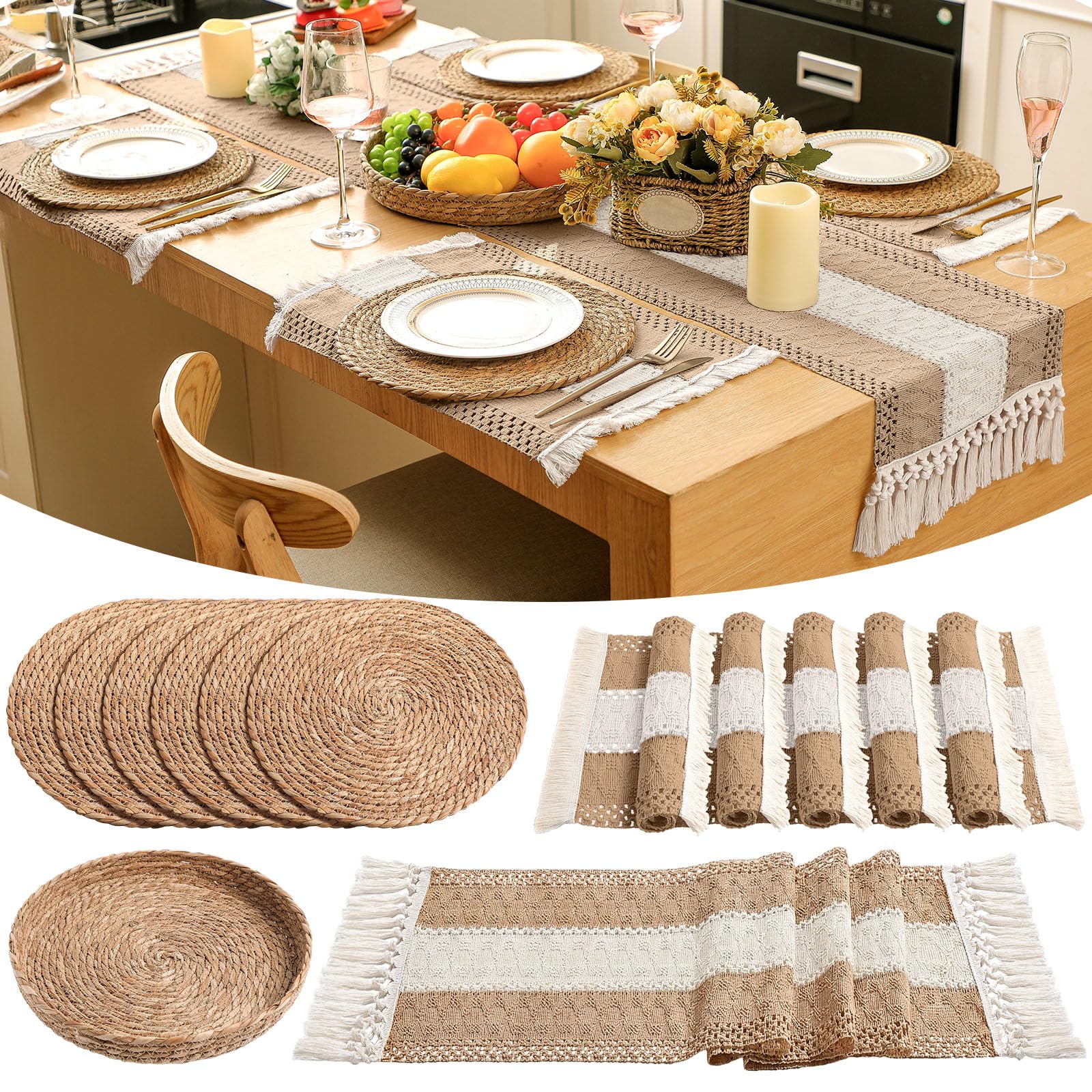 Boho Placemats 4/6/8 Set of Round Woven Placemat Macrame Style Bicolor Stitching Long Table Runner Farmhouse Rustic Natural Burlap Cotton for Kitchen Dining Table(6 Sets,Brown,12x72)