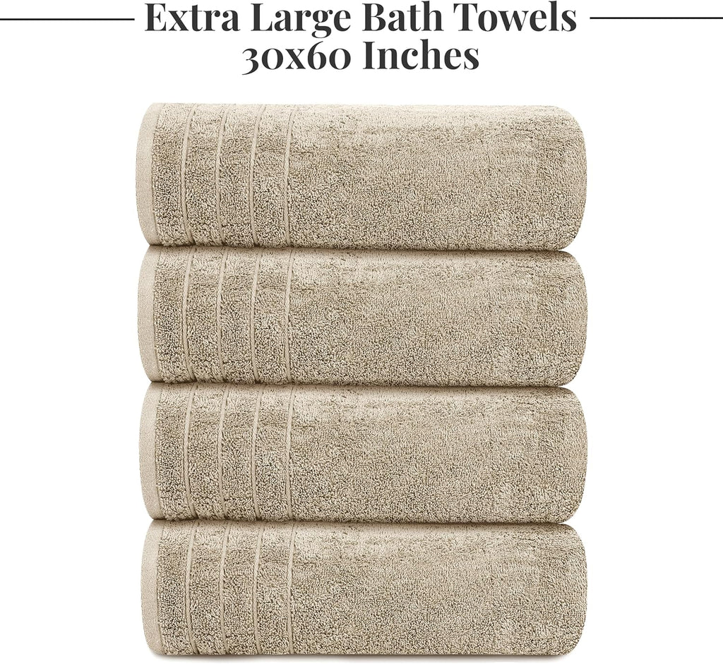 Tens Towels Pack of 4 Extra Large Bath Towels 30 x 60 Inches, 100% Cotton, Larger & Lighter Weight, Quicker to Dry, Super Soft and Absorbent, Perfect for Bathroom, Beige