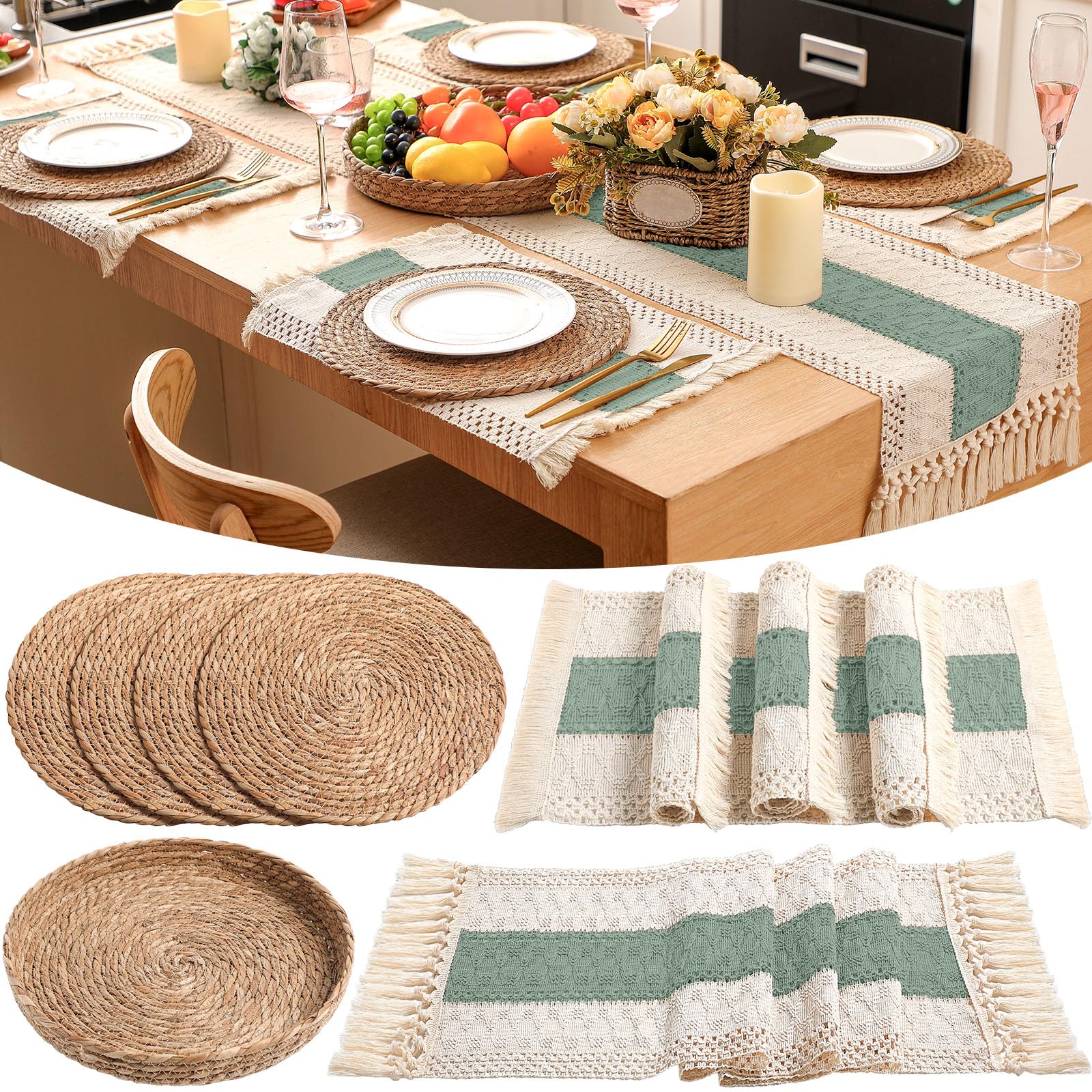 Boho Placemats 4/6/8 Set of Round Woven Placemat Macrame Style Bicolor Stitching Long Table Runner Farmhouse Rustic Natural Burlap Cotton for Kitchen Dining Table(6 Sets,Brown,12x72)