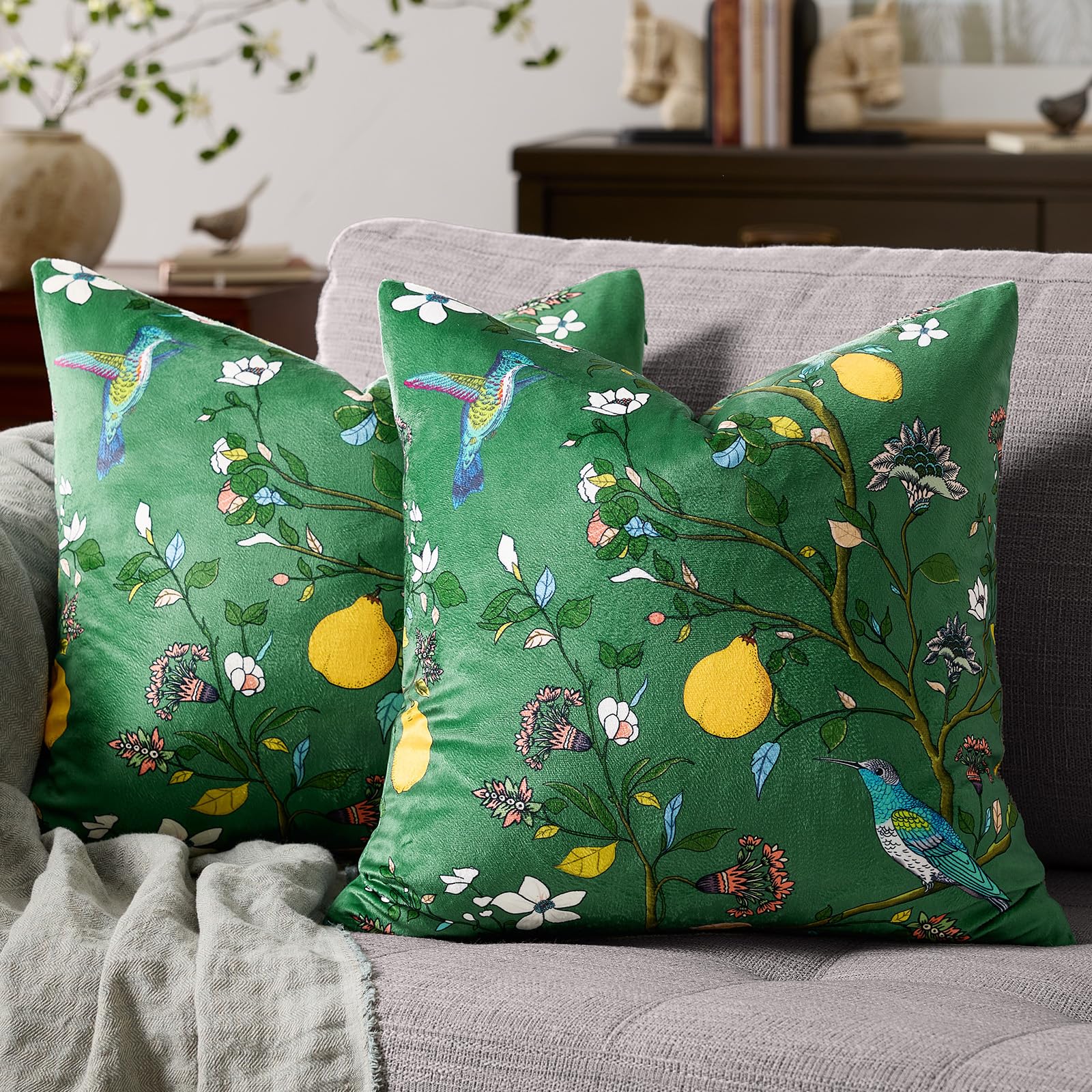 Mustard Yellow Velvet Throw Pillow Covers 20x20 Pack of 2, Vintage Floral Pillow Covers, Mid Century Flower Plant Cushion Covers for Sofa Living Room Home Decor