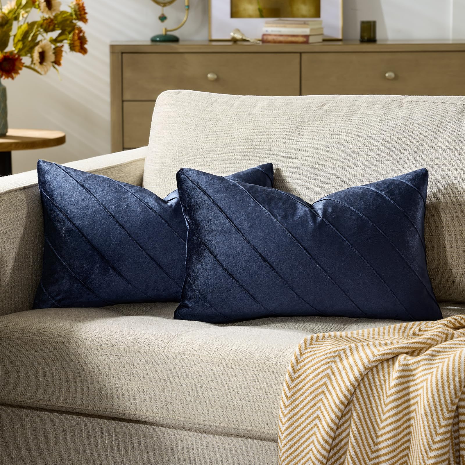 GIGIZAZA Decorative Velvet Pillow Covers 18x18, Set of 2 Gold Sofa Couch Throw Pillows Covers Cases, Living Room Square Cushion Accent Stripe Covers