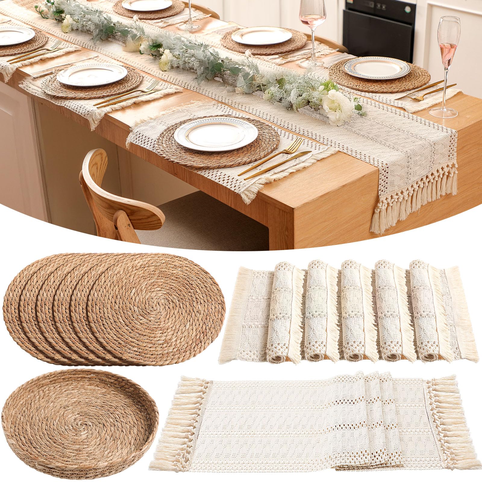 Boho Placemats 4/6/8 Set of Round Woven Placemat Macrame Style Bicolor Stitching Long Table Runner Farmhouse Rustic Natural Burlap Cotton for Kitchen Dining Table(6 Sets,Brown,12x72)