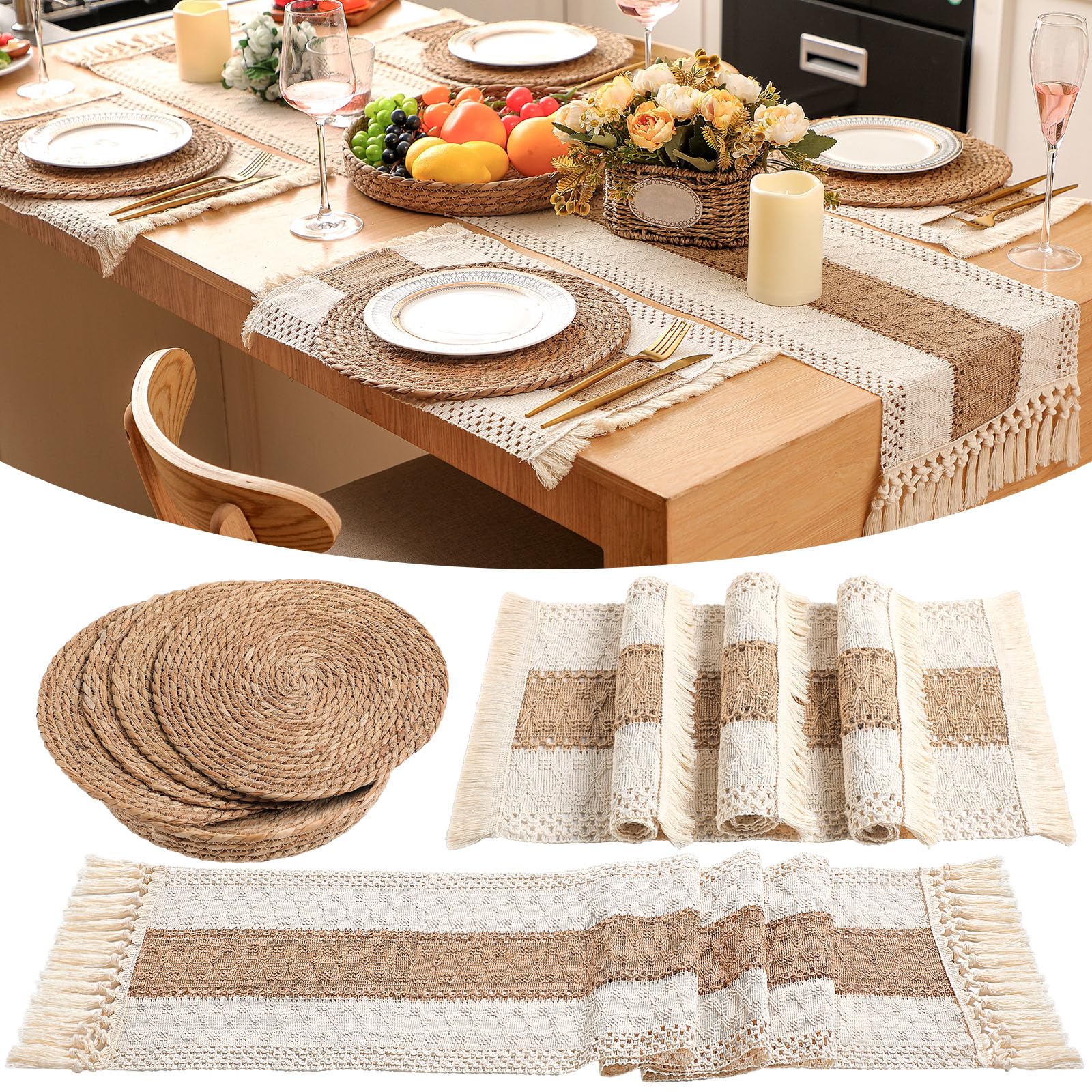 Boho Placemats 4/6/8 Set of Round Woven Placemat Macrame Style Bicolor Stitching Long Table Runner Farmhouse Rustic Natural Burlap Cotton for Kitchen Dining Table(6 Sets,Brown,12x72)
