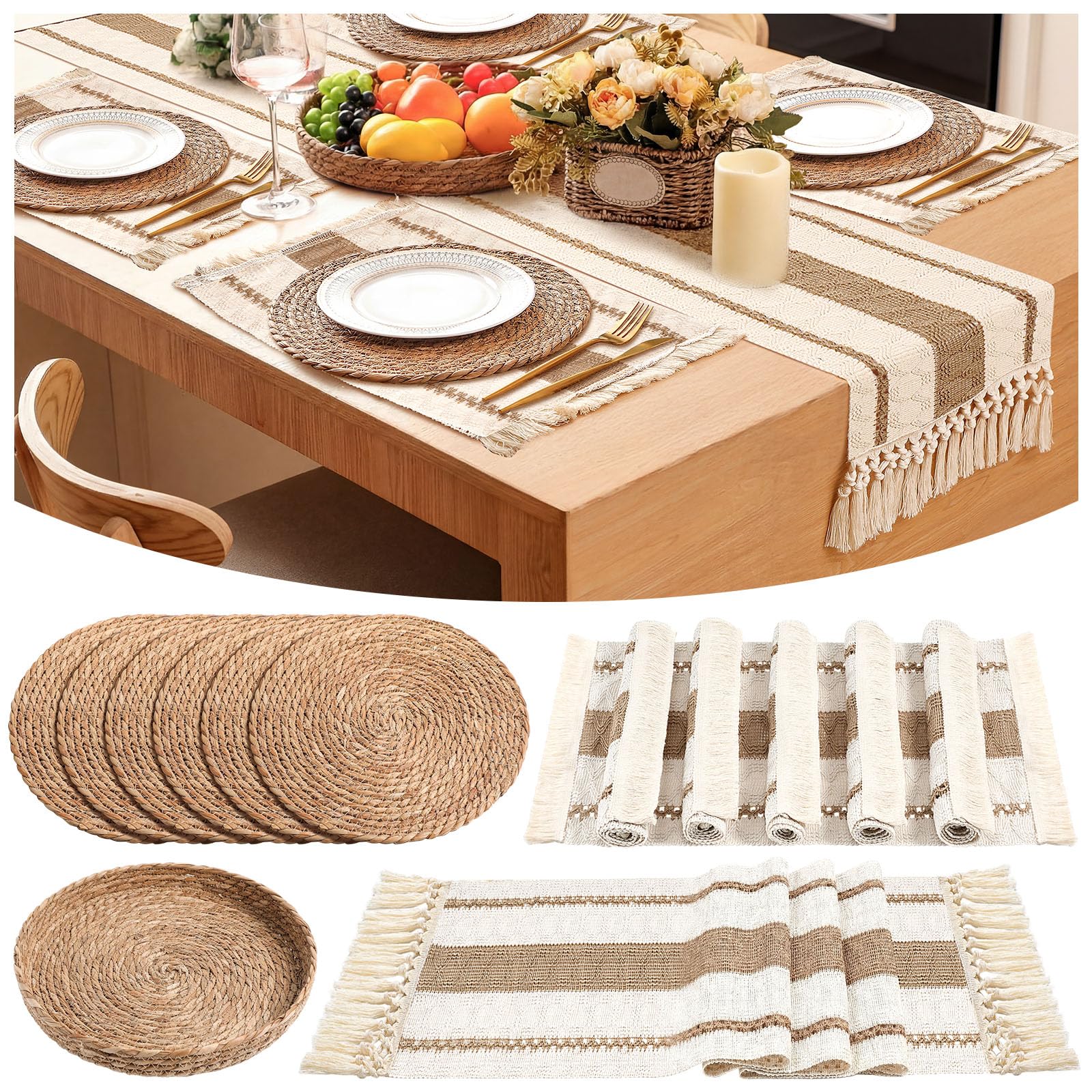Boho Placemats 4/6/8 Set of Round Woven Placemat Macrame Style Bicolor Stitching Long Table Runner Farmhouse Rustic Natural Burlap Cotton for Kitchen Dining Table(6 Sets,Brown,12x72)