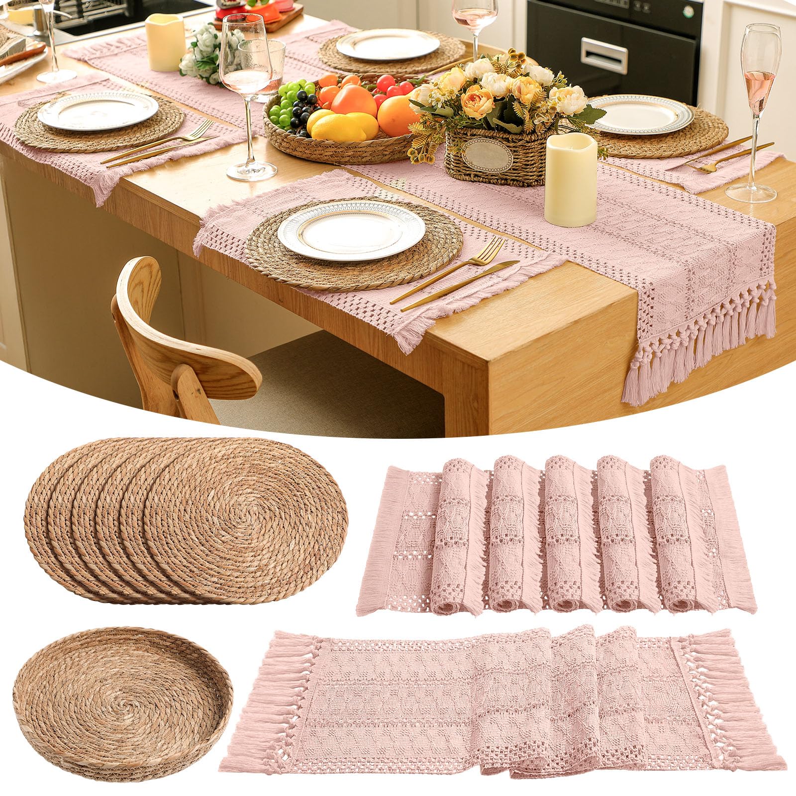 Boho Placemats 4/6/8 Set of Round Woven Placemat Macrame Style Bicolor Stitching Long Table Runner Farmhouse Rustic Natural Burlap Cotton for Kitchen Dining Table(6 Sets,Brown,12x72)