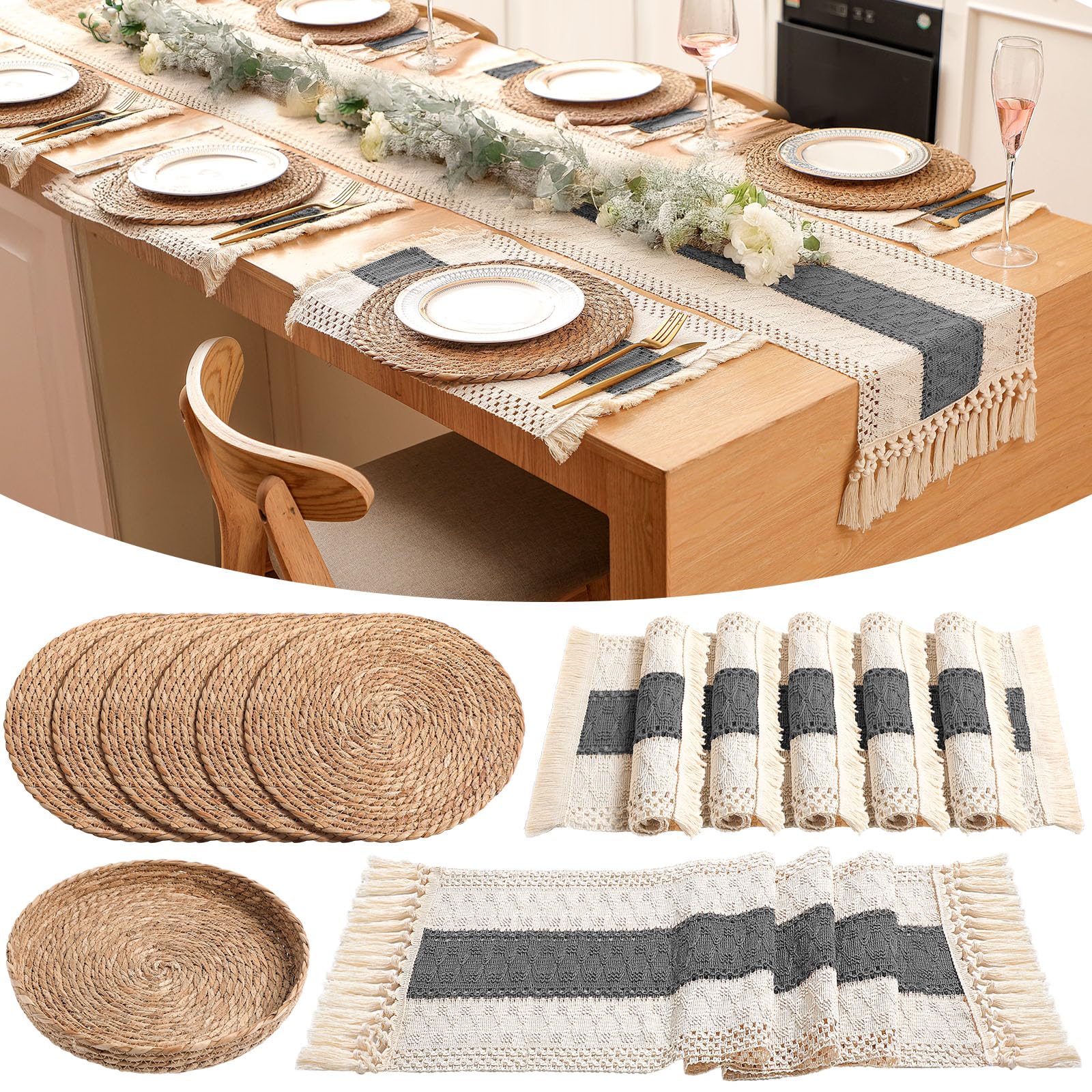 Boho Placemats 4/6/8 Set of Round Woven Placemat Macrame Style Bicolor Stitching Long Table Runner Farmhouse Rustic Natural Burlap Cotton for Kitchen Dining Table(6 Sets,Brown,12x72)