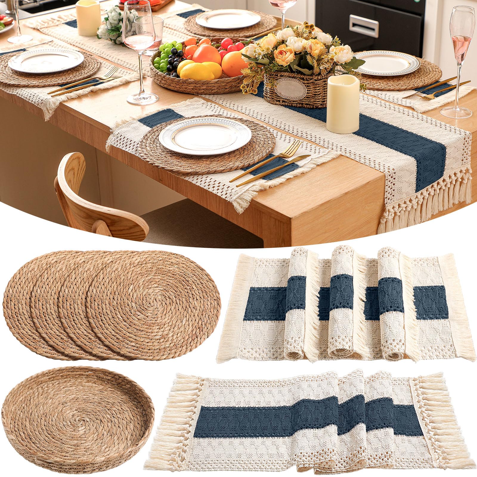 Boho Placemats 4/6/8 Set of Round Woven Placemat Macrame Style Bicolor Stitching Long Table Runner Farmhouse Rustic Natural Burlap Cotton for Kitchen Dining Table(6 Sets,Brown,12x72)