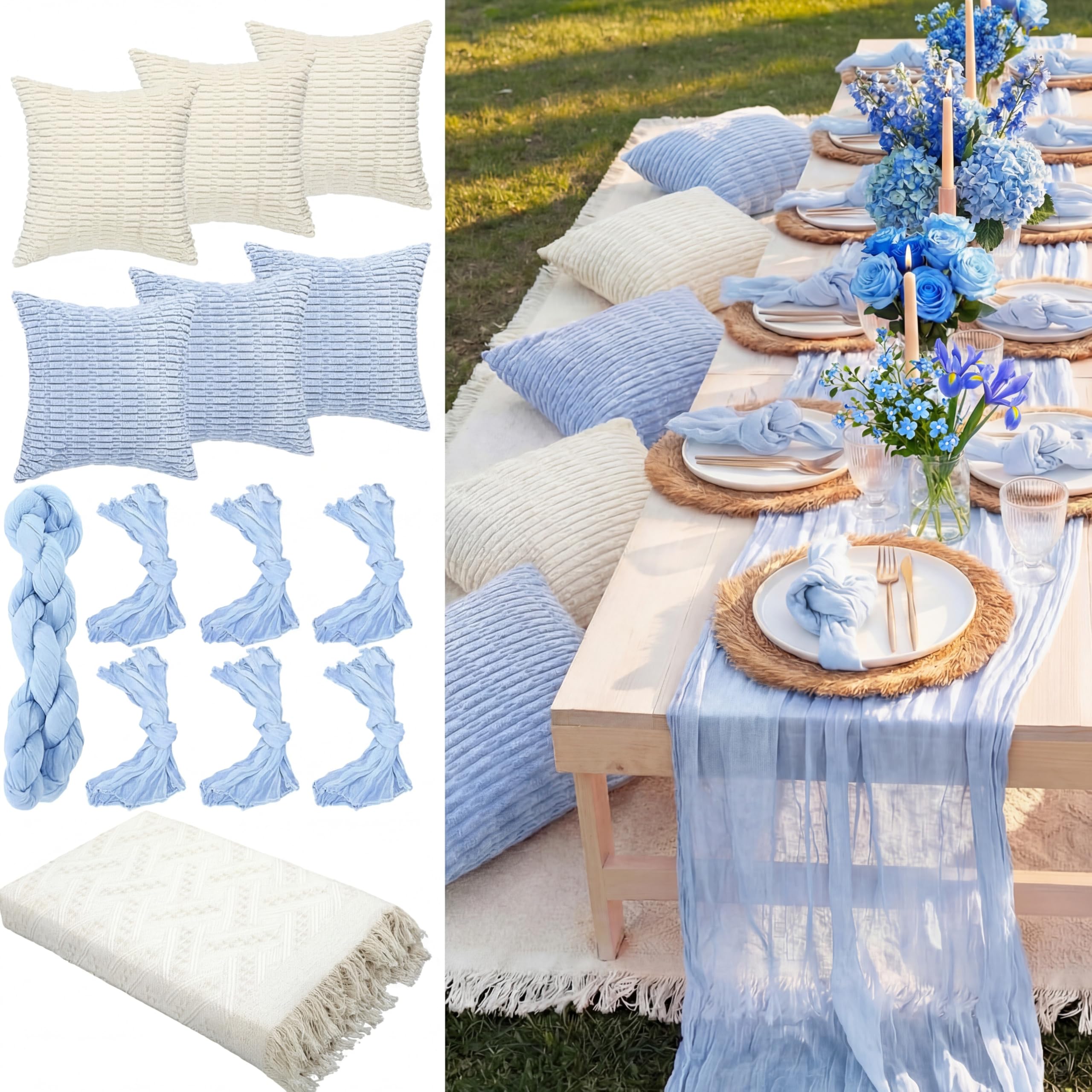 Beeveer 91 x 71 Extra Large Outdoor Boho Picnic Blanket with Pink Table Runner, 12 Throw Pillow Covers 12 Napkins Woven Cotton Yarn Oversize Beach Blanket Washable Picnic Camp Wedding