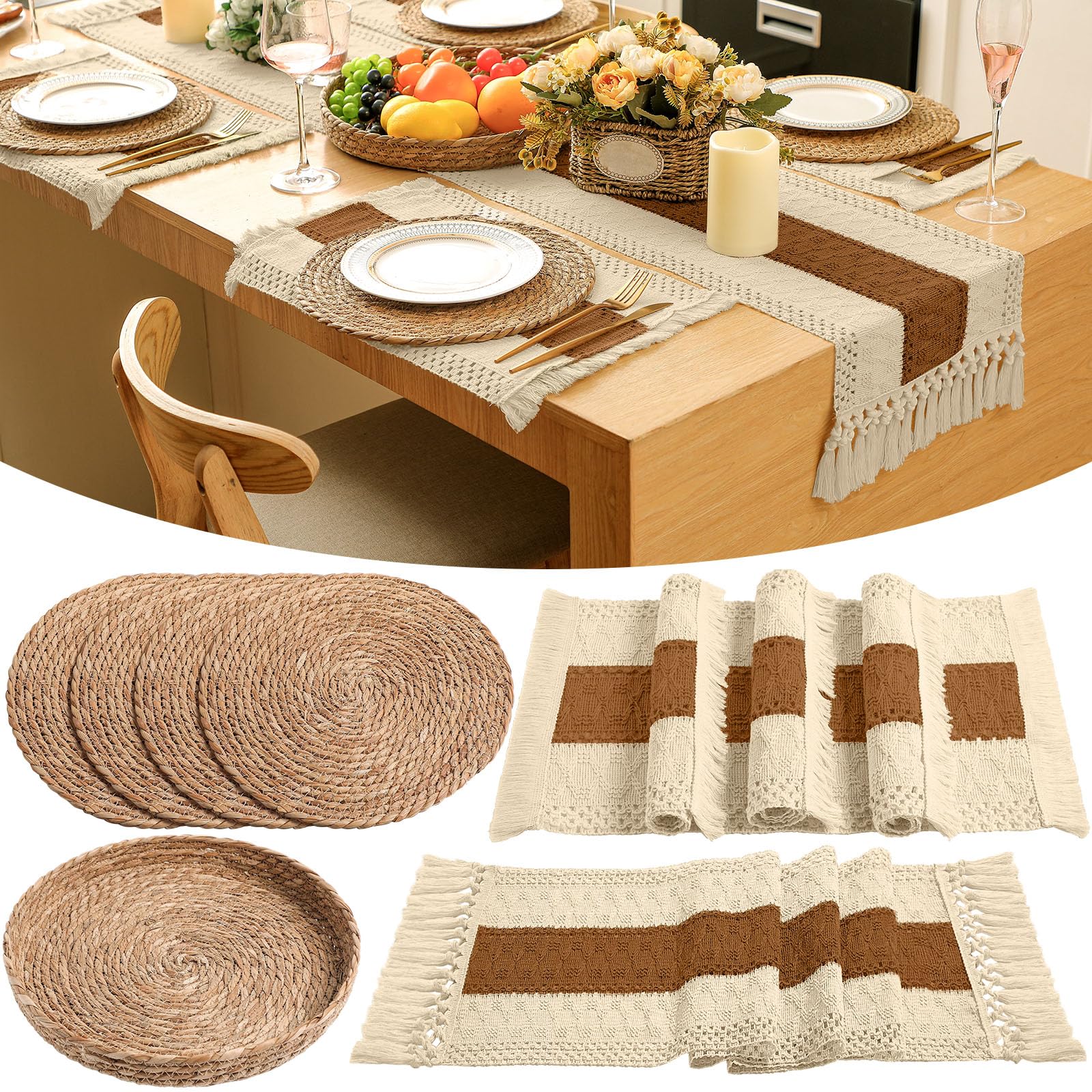 Boho Placemats 4/6/8 Set of Round Woven Placemat Macrame Style Bicolor Stitching Long Table Runner Farmhouse Rustic Natural Burlap Cotton for Kitchen Dining Table(6 Sets,Brown,12x72)