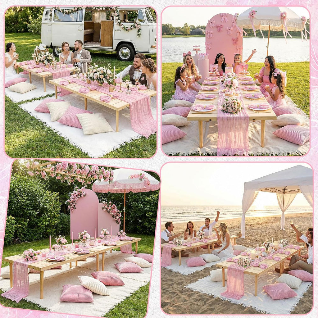 Beeveer 91 x 71 Extra Large Outdoor Boho Picnic Blanket with Pink Table Runner, 12 Throw Pillow Covers 12 Napkins Woven Cotton Yarn Oversize Beach Blanket Washable Picnic Camp Wedding