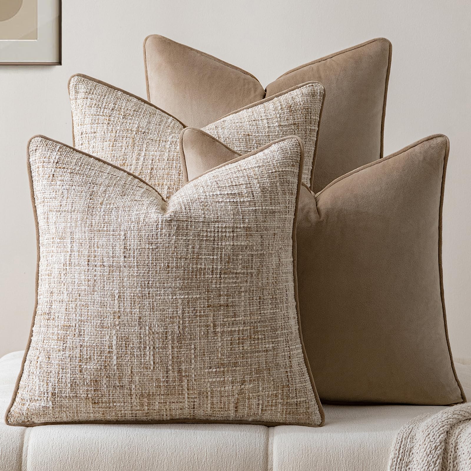 a moment Khaki 4 Pack Throw Pillow Covers - Chenille & Velvet Set with Piping, Farmhouse Textured Design Cushion Cases for Couch Sofa Bed (20x20 Inch, No Insert)