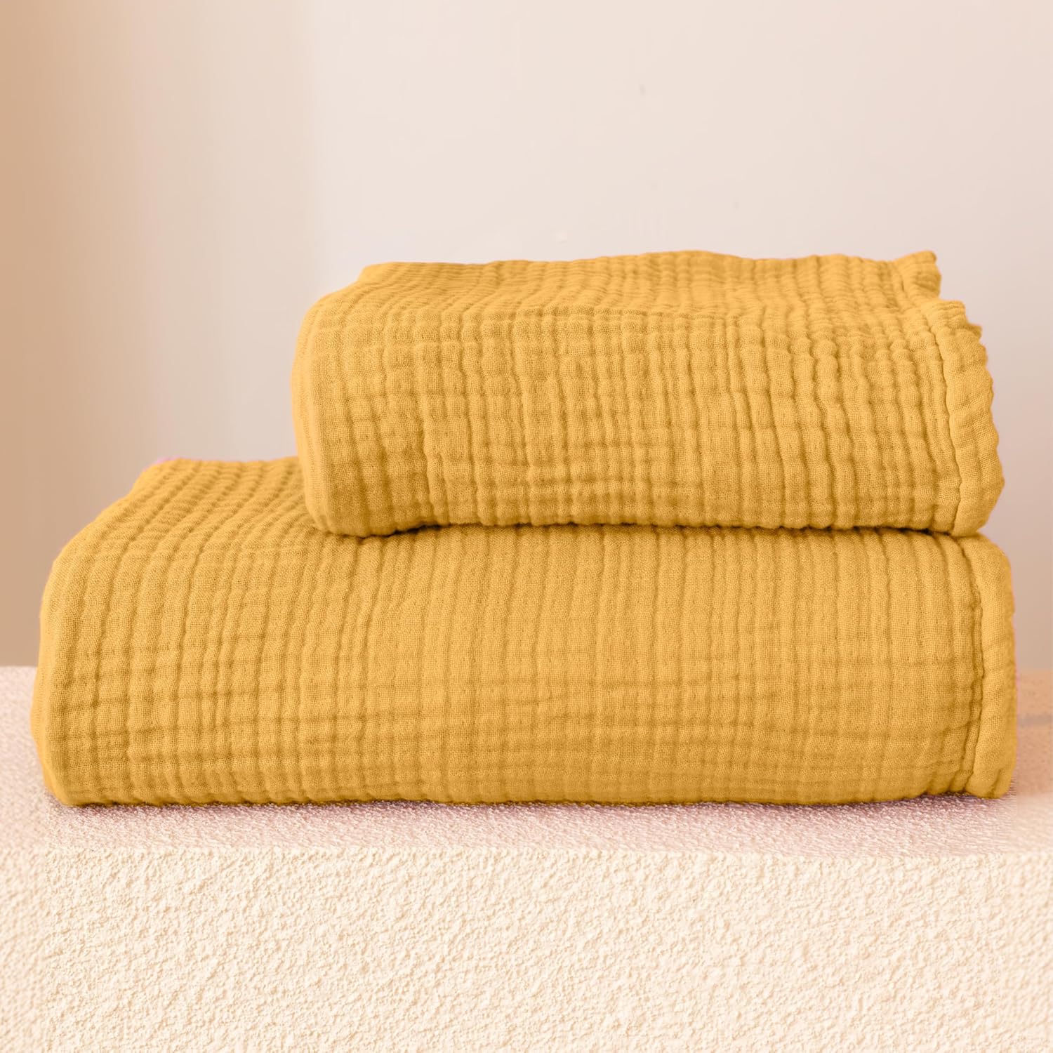 Ultra Soft Muslin Towel Adult Set, 100% Turkish Cotton 4-Layer 2 Pieces Luxury Muslin Hand & Bath Towels Sets for Bathroom (Mustard, 1 Bath & 1 Hand Towel Set)