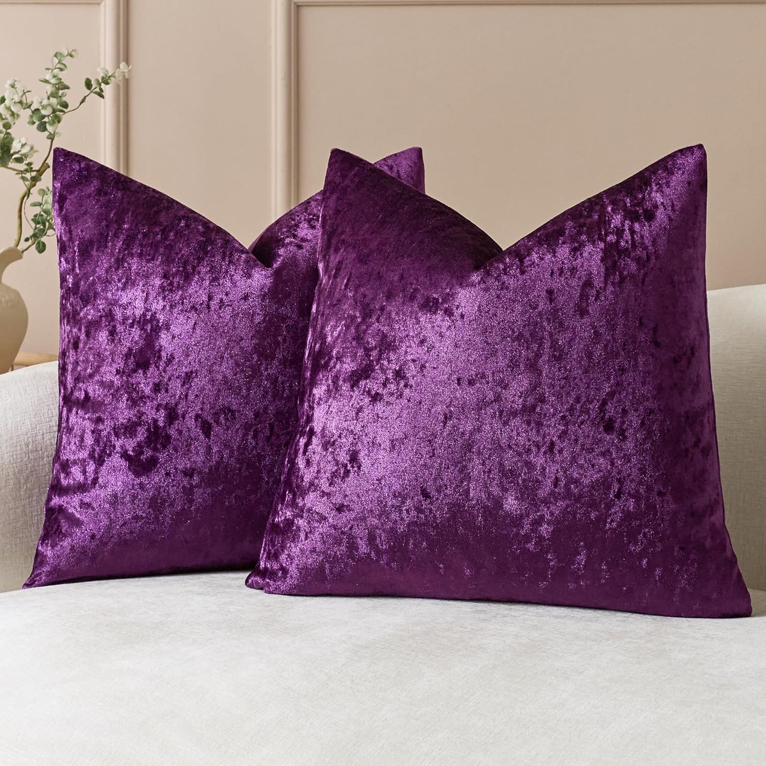 KINDREX Velvet Throw Pillow Covers 20x20 Set of 2, Luxurious Velvet Decorative Pillow Cases, Solid Square Cushion Covers for Farmhouse Couch Sofa Bed Living Room, Purple