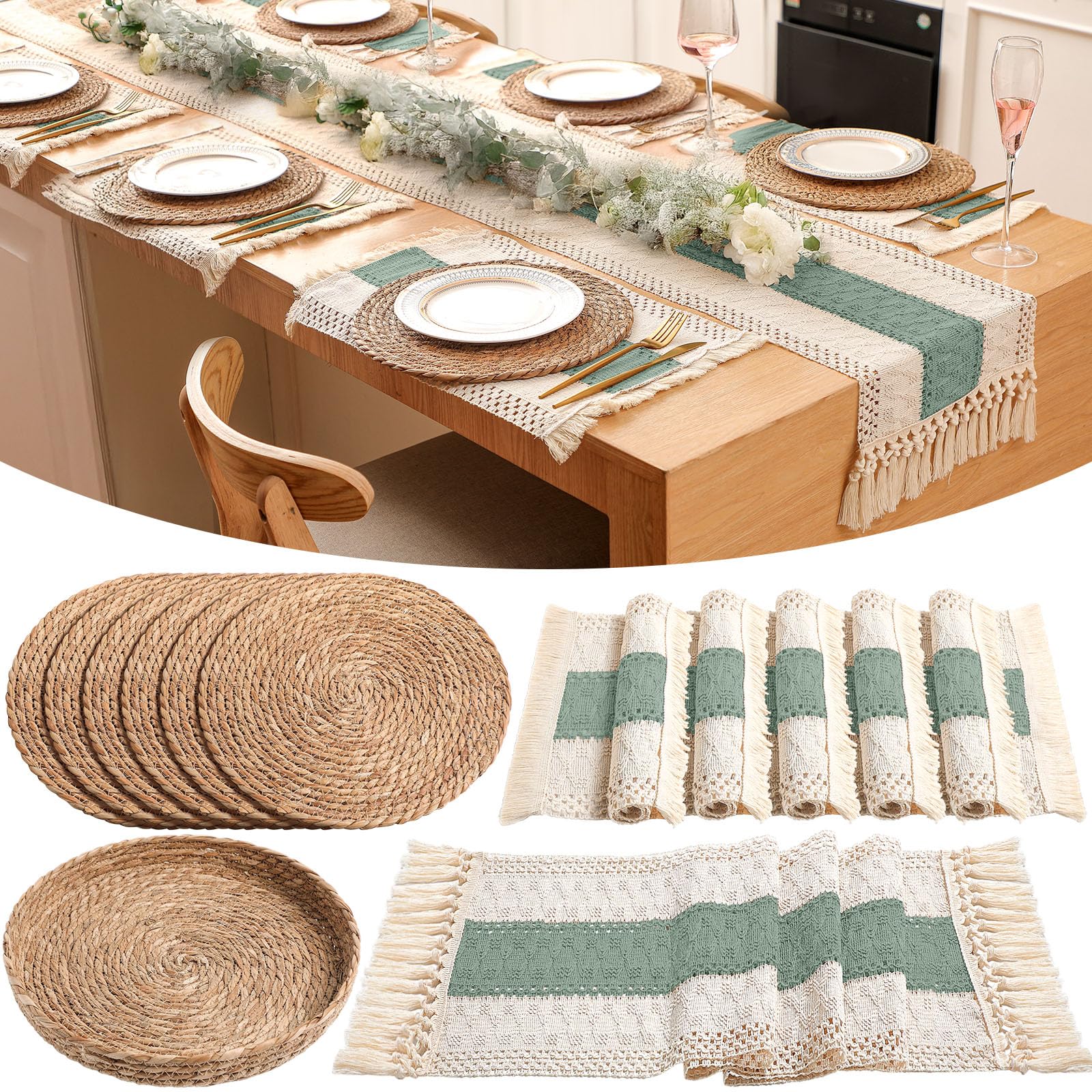 Boho Placemats 4/6/8 Set of Round Woven Placemat Macrame Style Bicolor Stitching Long Table Runner Farmhouse Rustic Natural Burlap Cotton for Kitchen Dining Table(6 Sets,Brown,12x72)