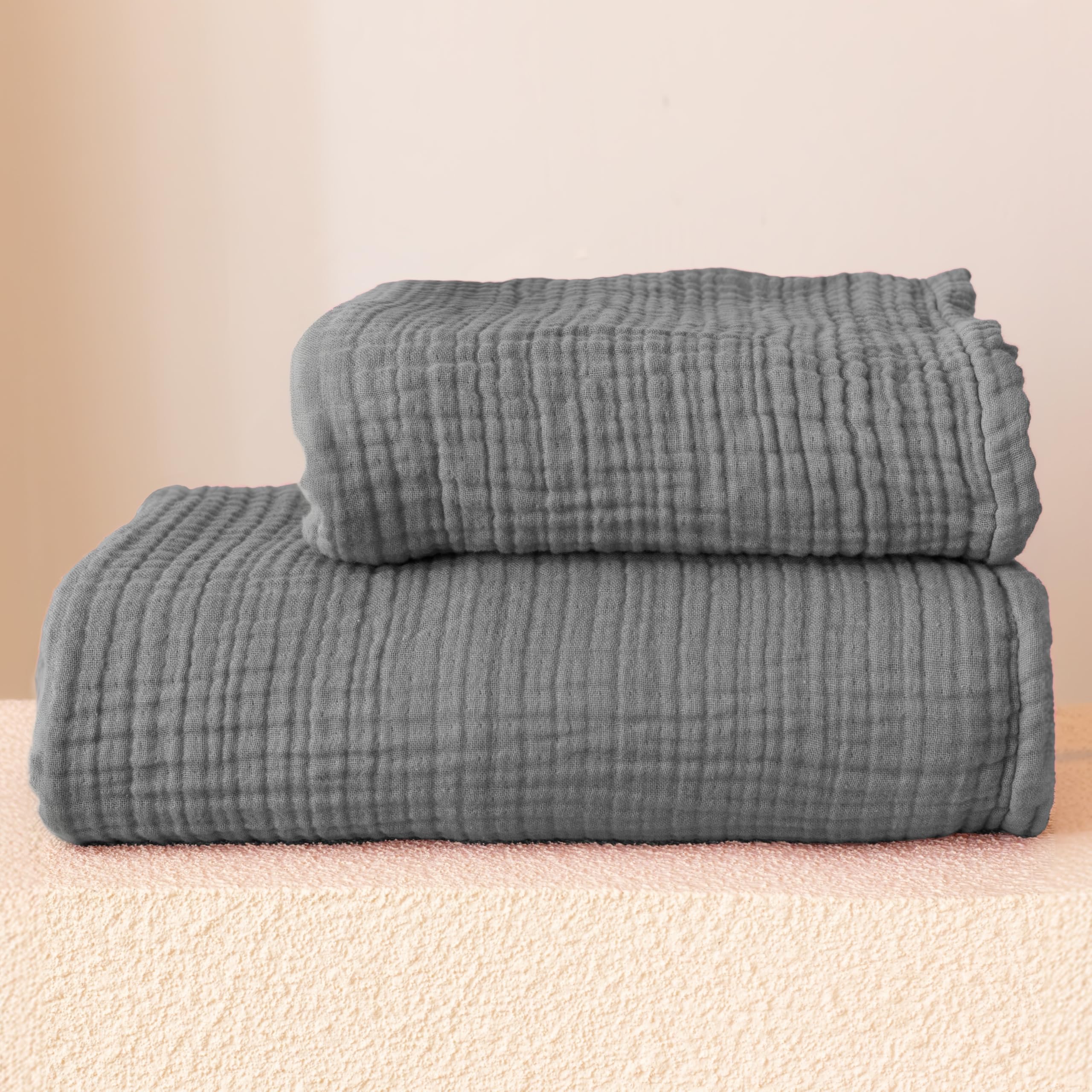 Ultra Soft Muslin Towel Adult Set, 100% Turkish Cotton 4-Layer 2 Pieces Luxury Muslin Hand & Bath Towels Sets for Bathroom (Mustard, 1 Bath & 1 Hand Towel Set)