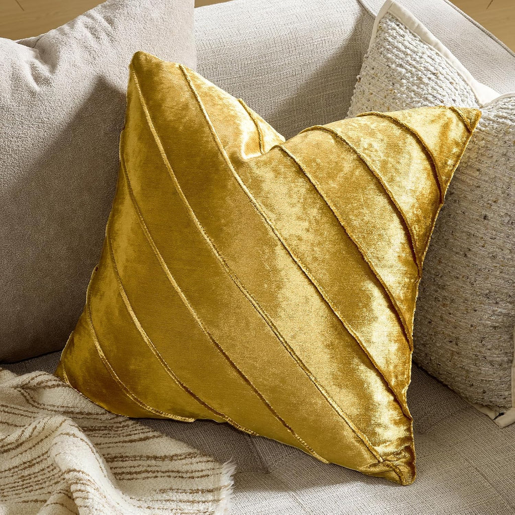 GIGIZAZA Decorative Velvet Pillow Covers 18x18, Set of 2 Gold Sofa Couch Throw Pillows Covers Cases, Living Room Square Cushion Accent Stripe Covers