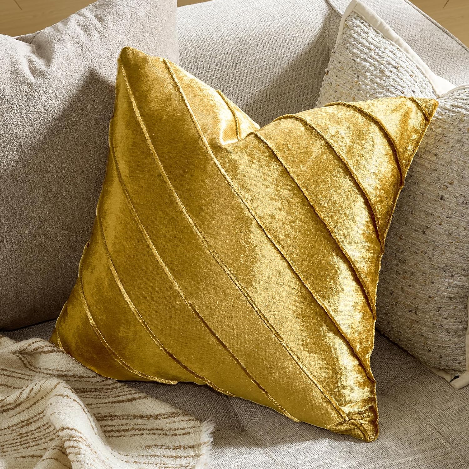 GIGIZAZA Decorative Velvet Pillow Covers 18x18, Set of 2 Gold Sofa Couch Throw Pillows Covers Cases, Living Room Square Cushion Accent Stripe Covers