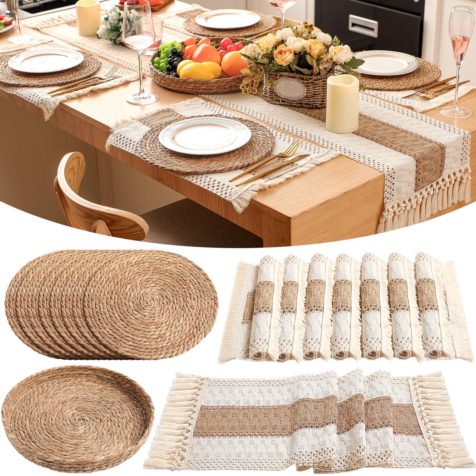 Boho Placemats 4/6/8 Set of Round Woven Placemat Macrame Style Bicolor Stitching Long Table Runner Farmhouse Rustic Natural Burlap Cotton for Kitchen Dining Table(6 Sets,Brown,12x72)