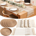 Boho Placemats 4/6/8 Set of Round Woven Placemat Macrame Style Bicolor Stitching Long Table Runner Farmhouse Rustic Natural Burlap Cotton for Kitchen Dining Table(6 Sets,Brown,12x72)
