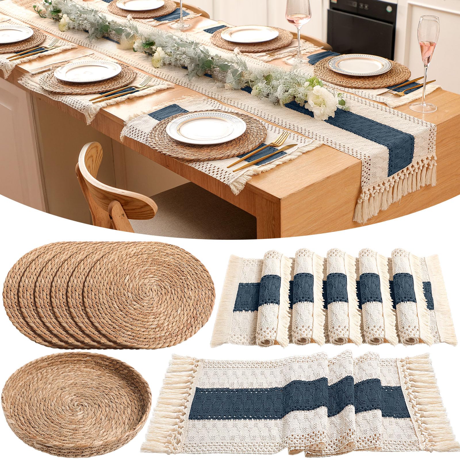Boho Placemats 4/6/8 Set of Round Woven Placemat Macrame Style Bicolor Stitching Long Table Runner Farmhouse Rustic Natural Burlap Cotton for Kitchen Dining Table(6 Sets,Brown,12x72)