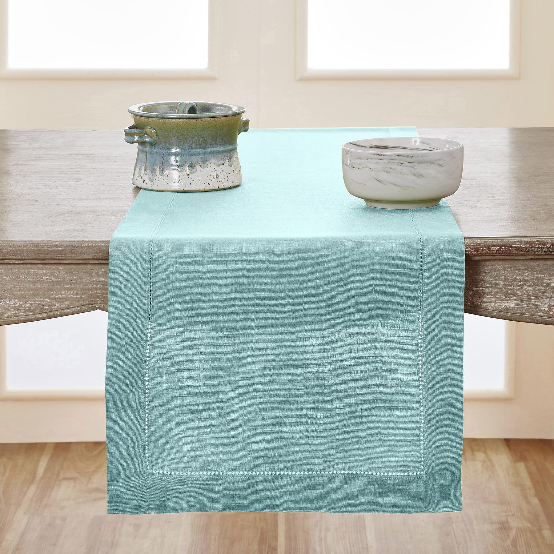 Solino Home Linen Light Natural Table Runner 72 Inches Long - 100% Pure Linen Hemstitch Table Runner 14 x 72 Inch for Dresser, Dining, Spring, Summer - Classic Hemstitch