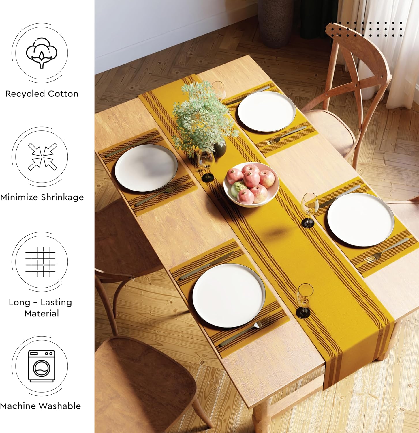 Encasa XO Dining Table Runner 13"x72" | Yarn Dyed Fine Ribbed Cotton | Ladder Yellow | Machine Washable