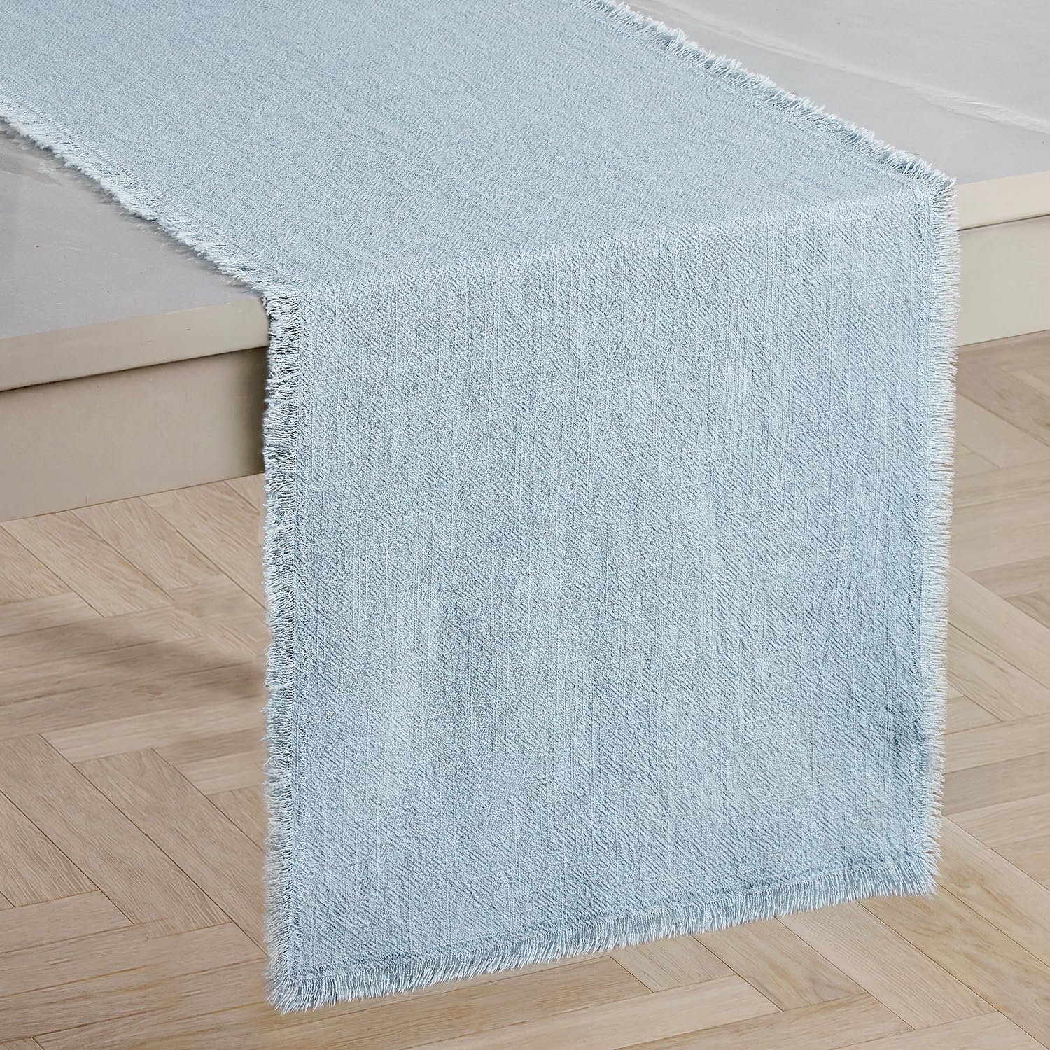 KINGSTONE 14 x 72 Inches Frayed Edge Table Runner, 270G Heavyweight Sand Washed Slub Texture Cotton Linen for Modern Farmhouse, Rustic Home Decorations Dining Room Wedding Boho Decor, Natural