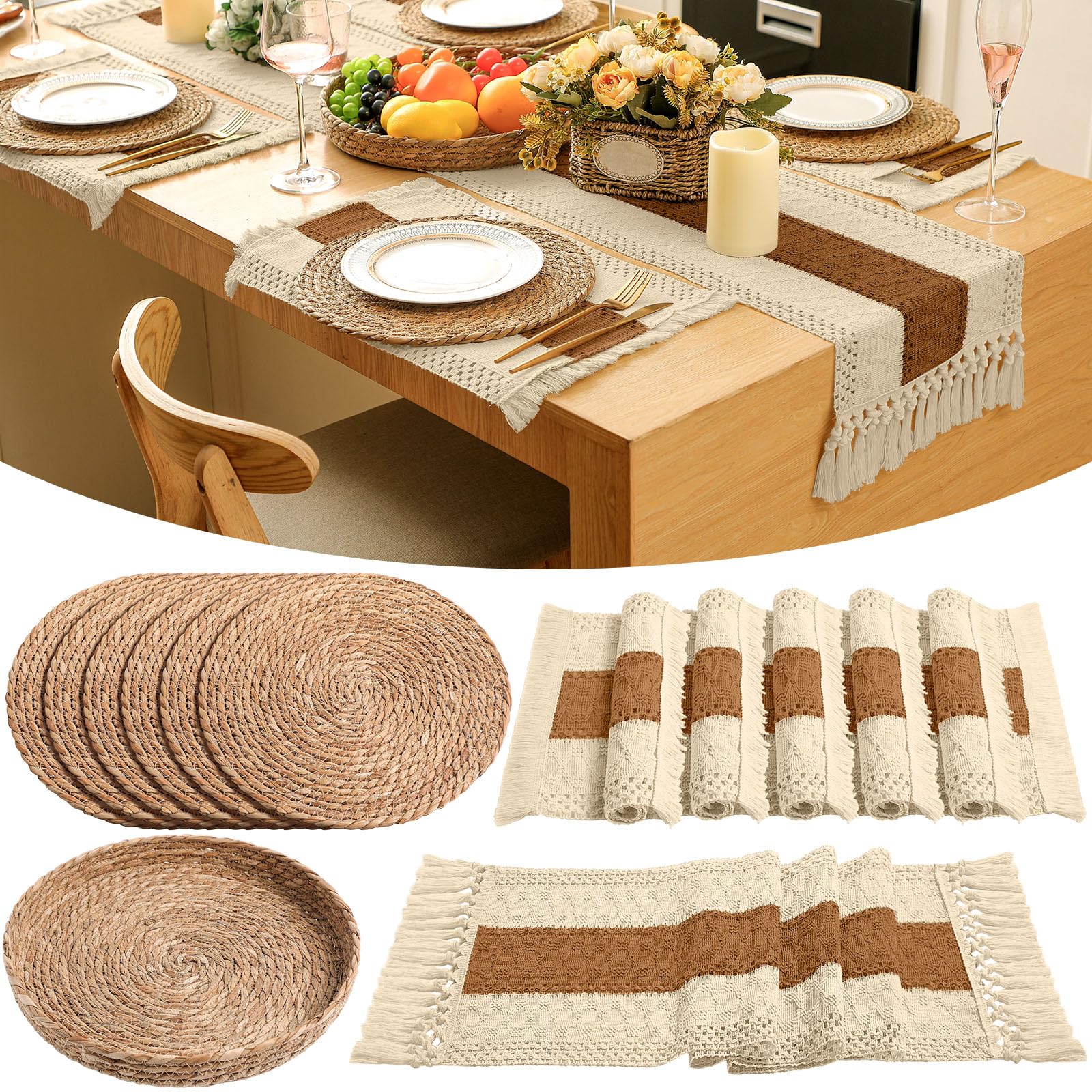 Boho Placemats 4/6/8 Set of Round Woven Placemat Macrame Style Bicolor Stitching Long Table Runner Farmhouse Rustic Natural Burlap Cotton for Kitchen Dining Table(6 Sets,Brown,12x72)
