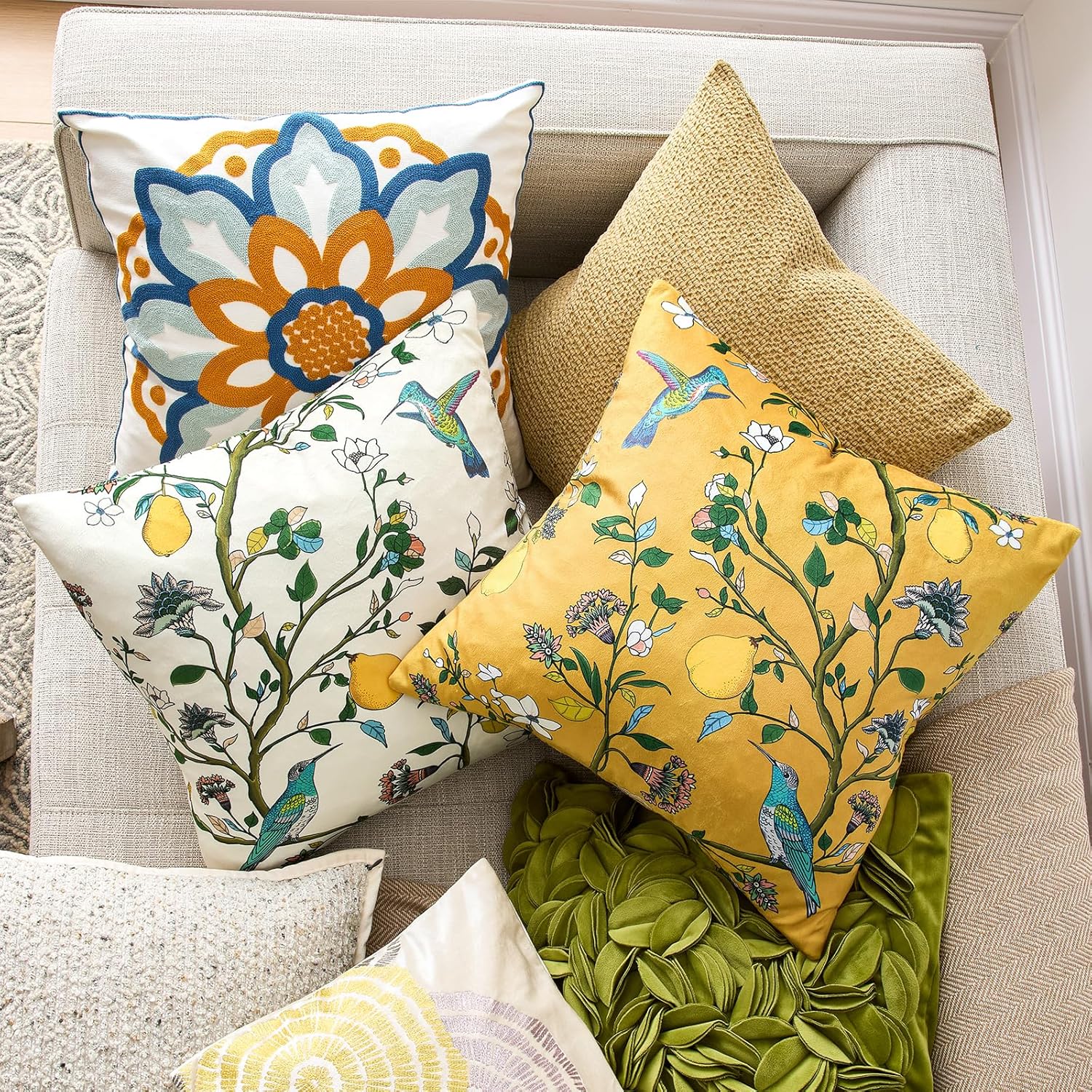 Mustard Yellow Velvet Throw Pillow Covers 20x20 Pack of 2, Vintage Floral Pillow Covers, Mid Century Flower Plant Cushion Covers for Sofa Living Room Home Decor